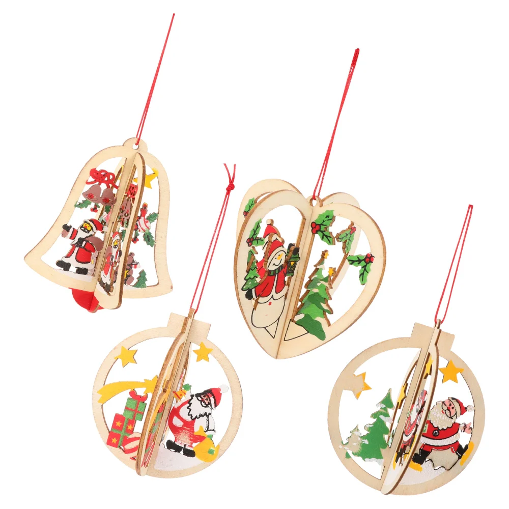 4 Pcs Christmas Tree Hanging Decoration Wooden Engraved Hollow Hanging Decor