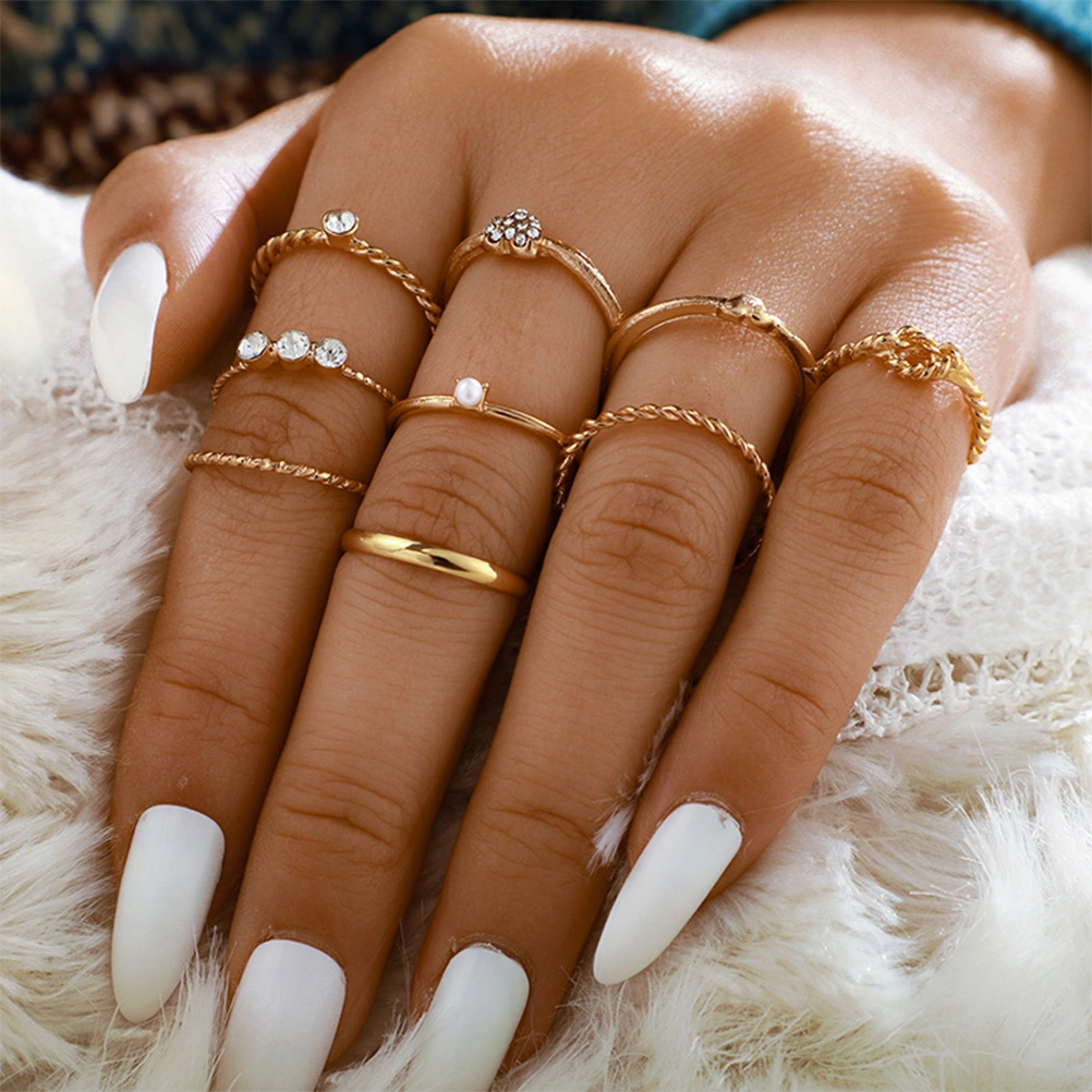 1 Set of 9Pcs Wavy Type Finger Ring Fashion Pearl Rhinestone Studded Ring Tail Ring Jewelry for Women Girls Ladies (Golden)