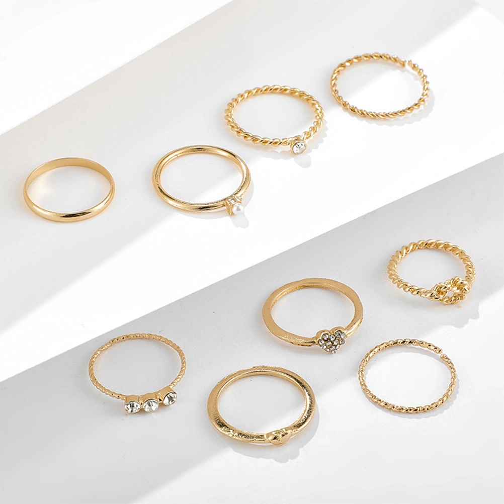 1 Set of 9Pcs Wavy Type Finger Ring Fashion Pearl Rhinestone Studded Ring Tail Ring Jewelry for Women Girls Ladies (Golden)