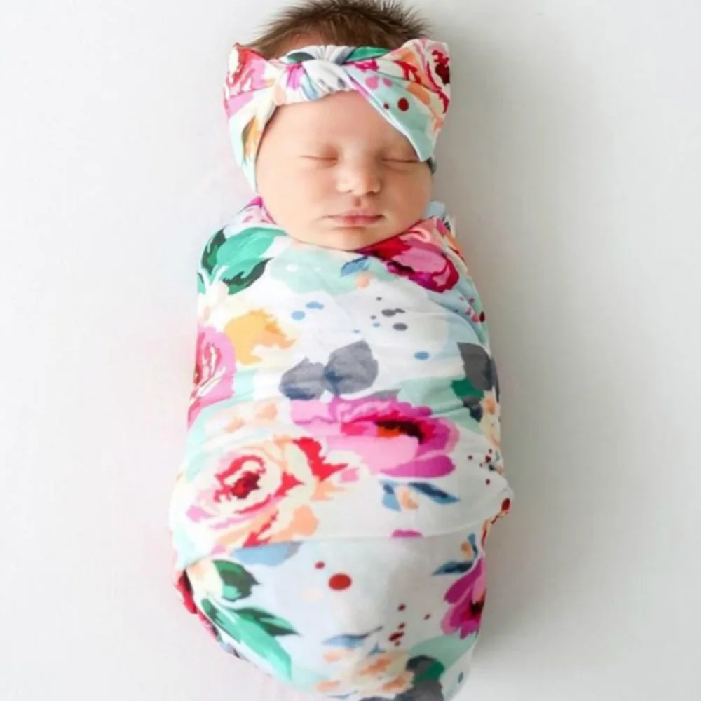 1 Set/2pcs Infant Floral Swaddle Wrap with Headband Set Photography Prop