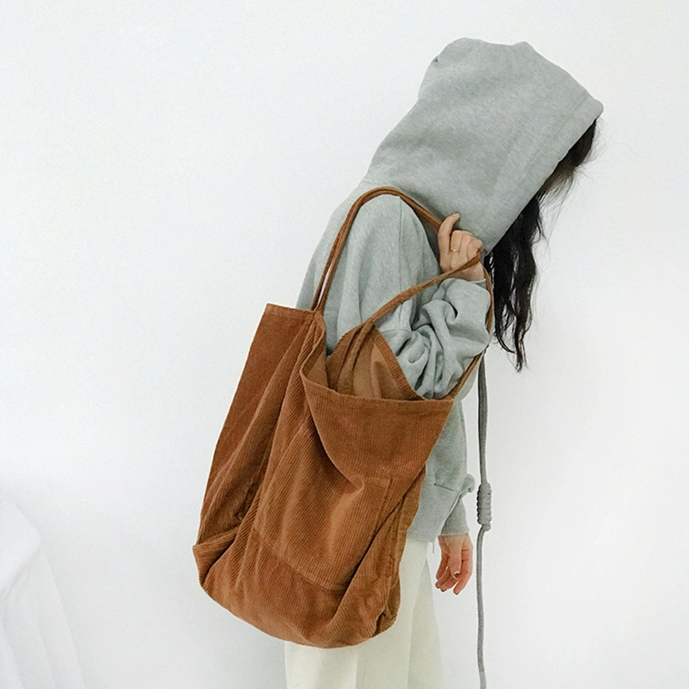 Retro Solid Color Corduroy Bag Large Capacity Literary Shoulder Pouch Simple Handbag Casual Shopping Bag (Brown)