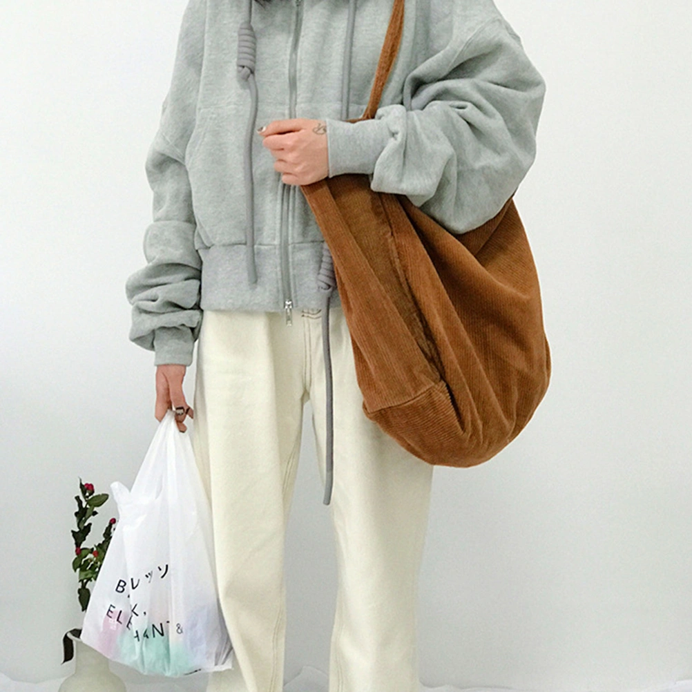 Retro Solid Color Corduroy Bag Large Capacity Literary Shoulder Pouch Simple Handbag Casual Shopping Bag (Brown)