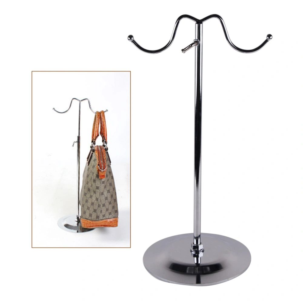 Metal Handbag Display Rack Double Hook Women Bag Holder Adjustable Height Jewelry Showing Stand (Silver)