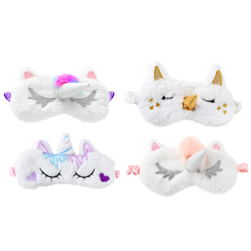 4 Pcs Unicorn Sleep Eye Mask Cover Plush Eyeshade Unicorn Horn Blindfold for Sleep Nap Travel (Silvery Unicorn + Heart-shaped Unicorn + Golden Unicorn + Colorful Feather Unicorn)