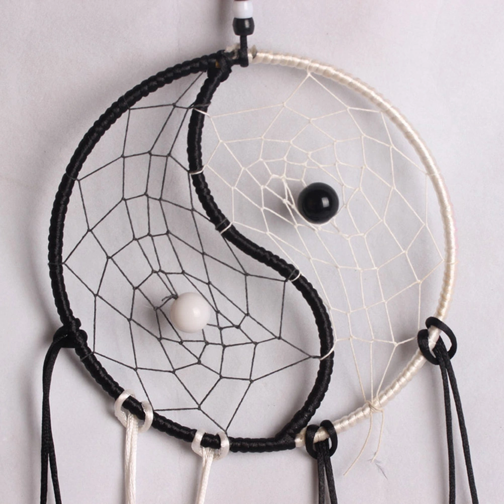 Handmade Feather and Beads Decorated Tai Ji Style Wall Hanging Wind Chime Dream Catcher (Black+White)