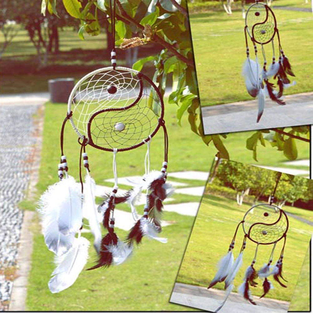 Handmade Feather and Beads Decorated Tai Ji Style Wall Hanging Wind Chime Dream Catcher (Black+White)