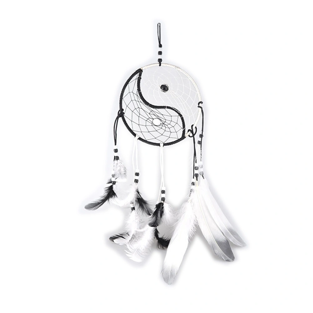 Handmade Feather and Beads Decorated Tai Ji Style Wall Hanging Wind Chime Dream Catcher (Black+White)