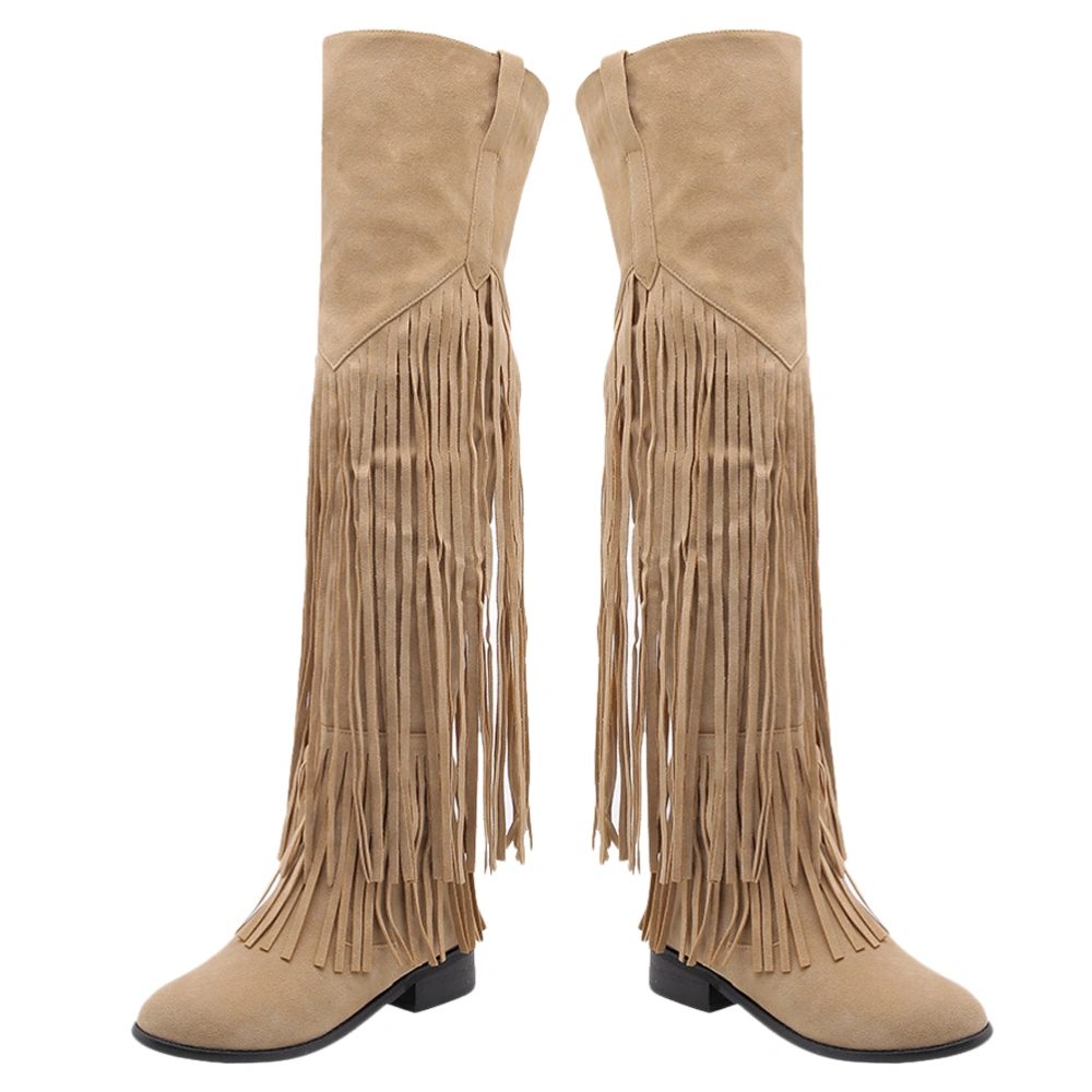 1 Pair Women Winter Fall Long Boots Fashion Low-Heeled High Fringe Boots (42)