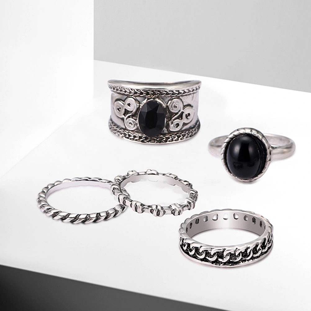 5pcs Women Men Antique Ring Set Gothic Punk Ring Kit for Hands Finger Decoration (Antique Silver)