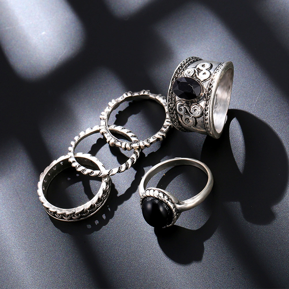 5pcs Women Men Antique Ring Set Gothic Punk Ring Kit for Hands Finger Decoration (Antique Silver)