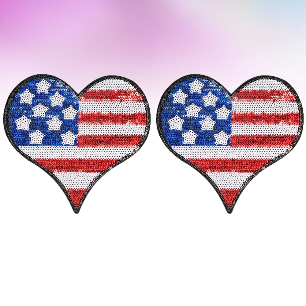 2pcs Flag Design Embroidered Sewing Patch Heart Shape Sequin Applique Clothes Dress Sewing Applique Independence Day DIY Accessory