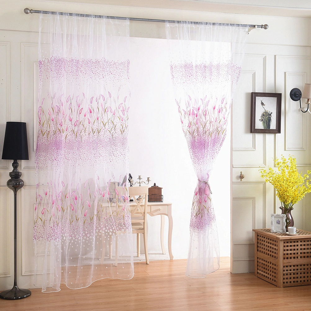 Grass Sheer Curtains Window Screen Window Gauze Door Scarf Drapes Valance For Room Decor (Purple)