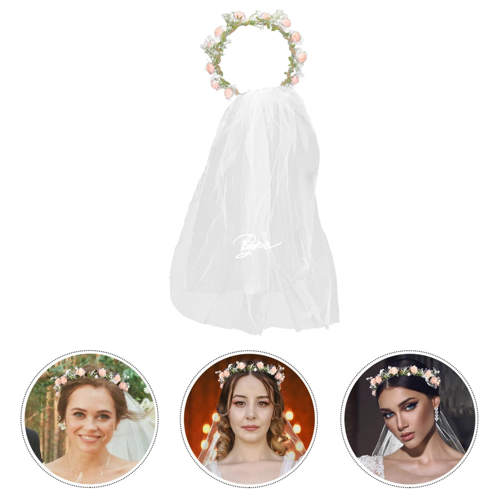 Artificial Floral Crown Elegant Bride Wreath with Veil Wedding Bridal Veil Flower Crown