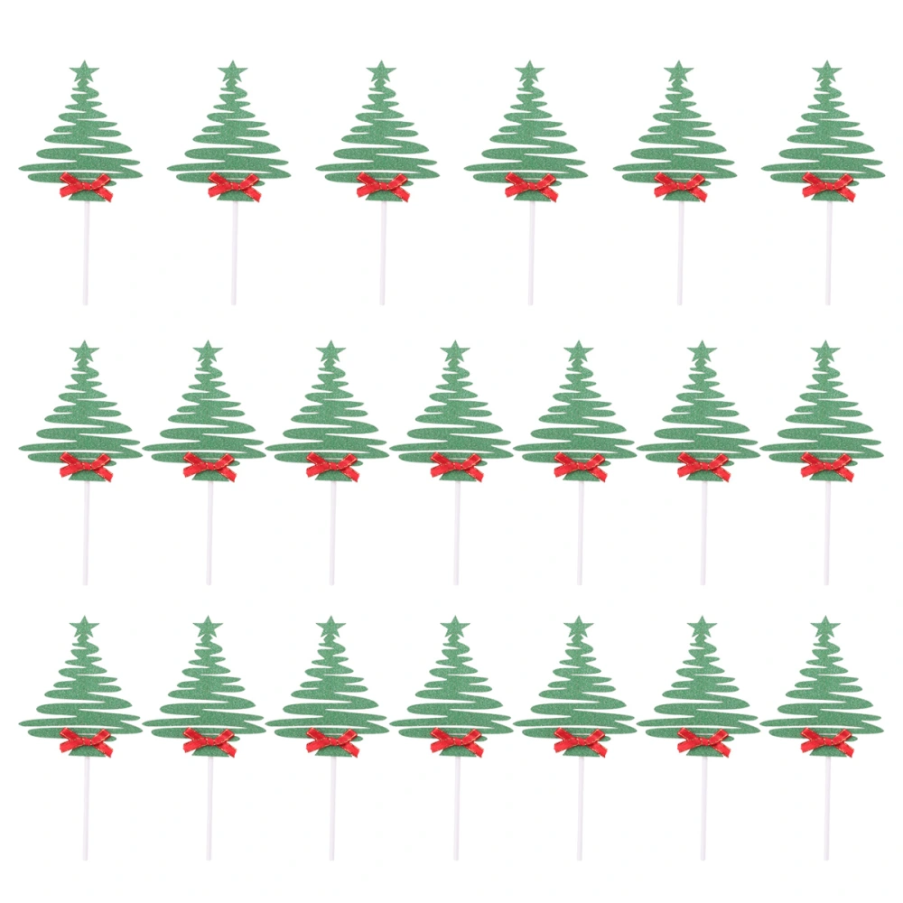 20pcs Creative Christmas Tree Cake Decor Paper Cupcake Topper with Bowknot Party Supplies (Green Single Bowknot)