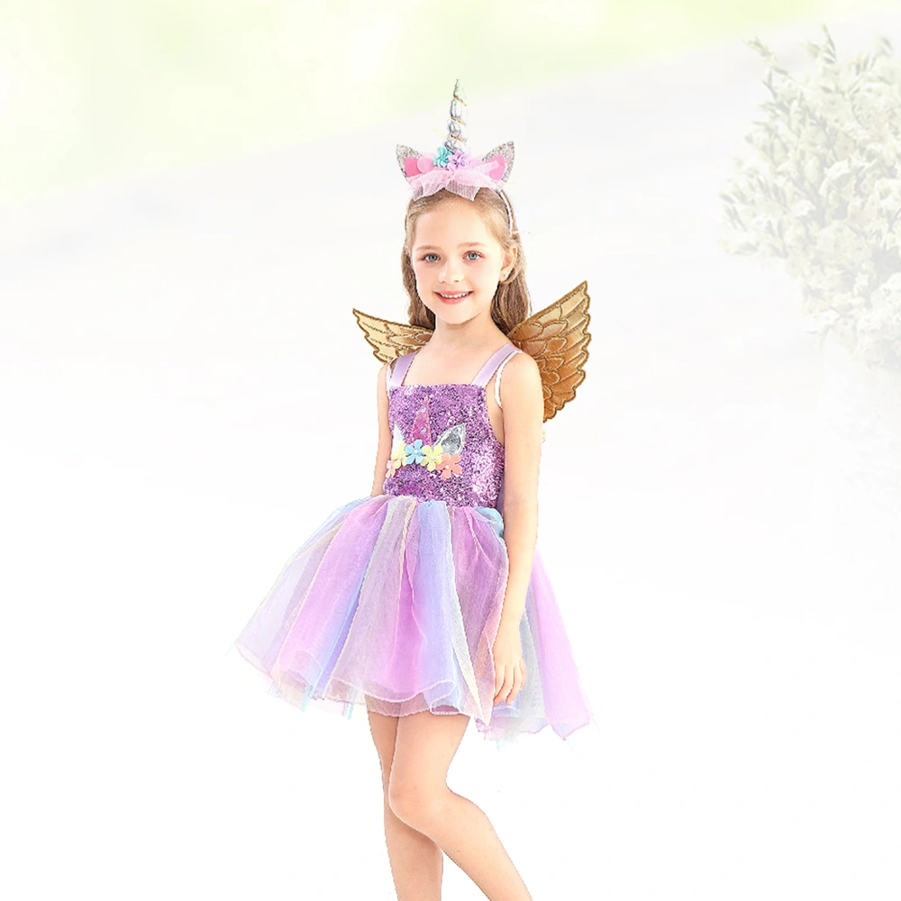 1 Set Skirt Wing Headband Suit Lovely Sequins Bubble Dress Summer Color Gauze Bubble Skirt Gallus Skirt Cartoon Unicorn Skirt Wing Headband Kit for Girl Wearing Size 130CM Purple