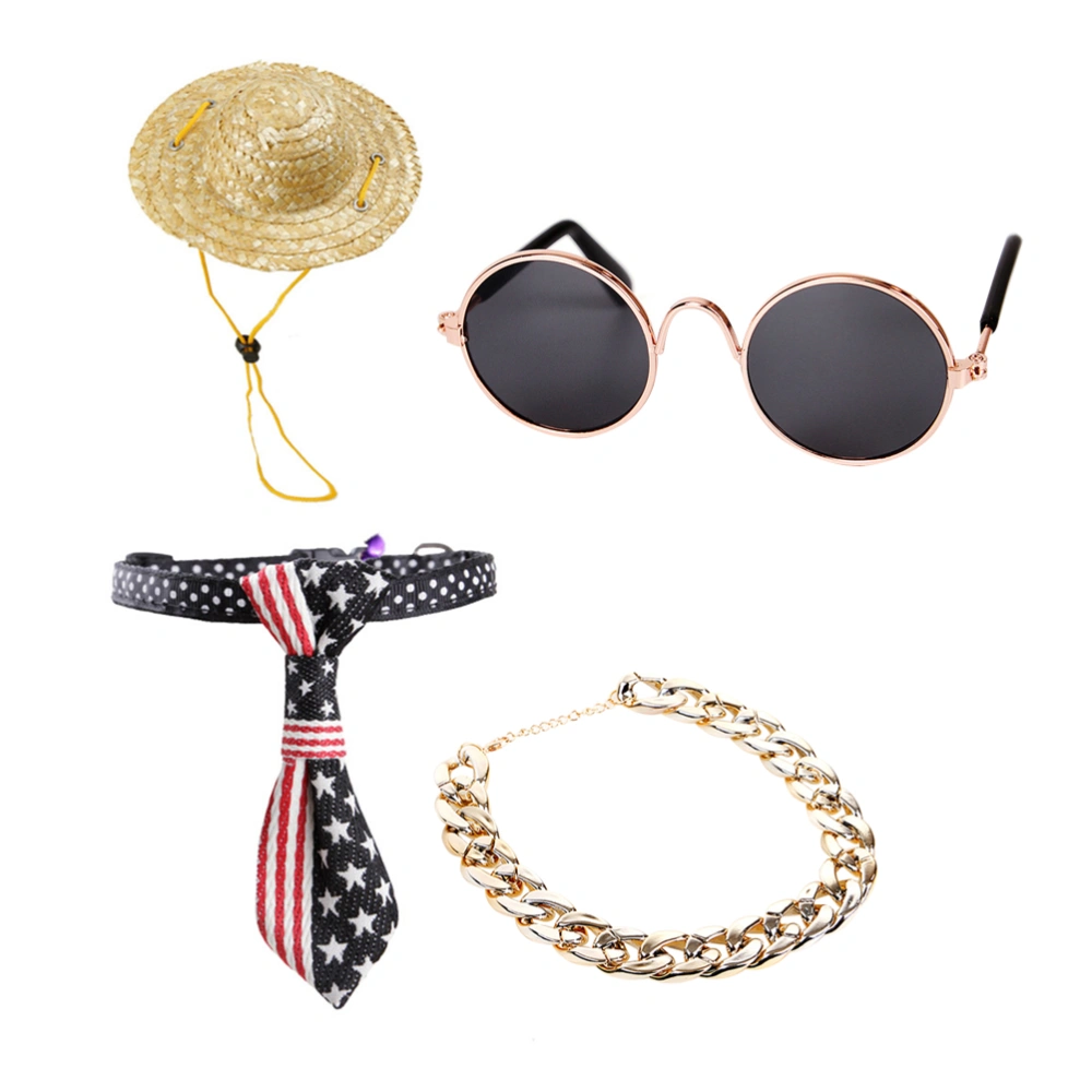 4pcs Fashion Pet Necklace Metal Chain Pandant Pet Sunglasses Jewelry Vintage Straw Hat Beautiful Tie (1pc Sunglasses, 1pc Straw Hat, 1pc Necklace, 1pc Tie)