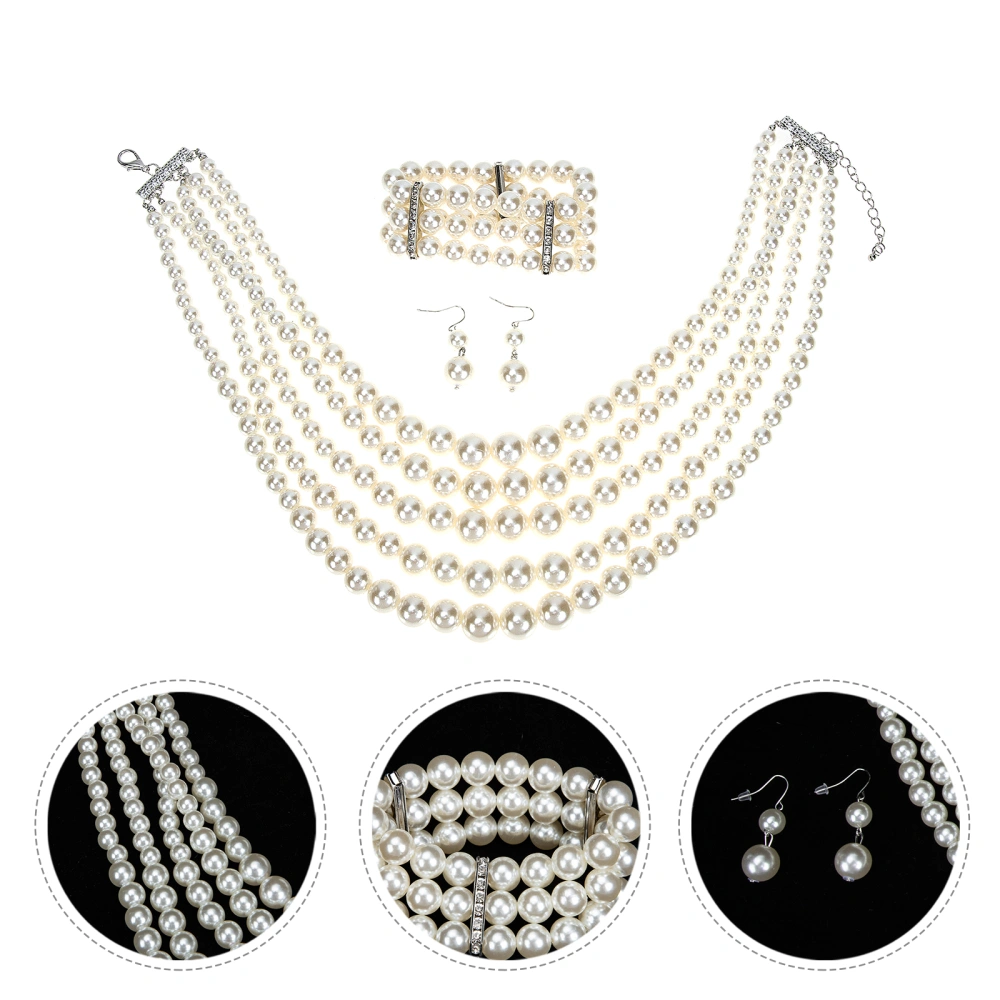 1 Set Exaggerated Imitation Pearl Beaded Necklace Bracelet and Earring Set