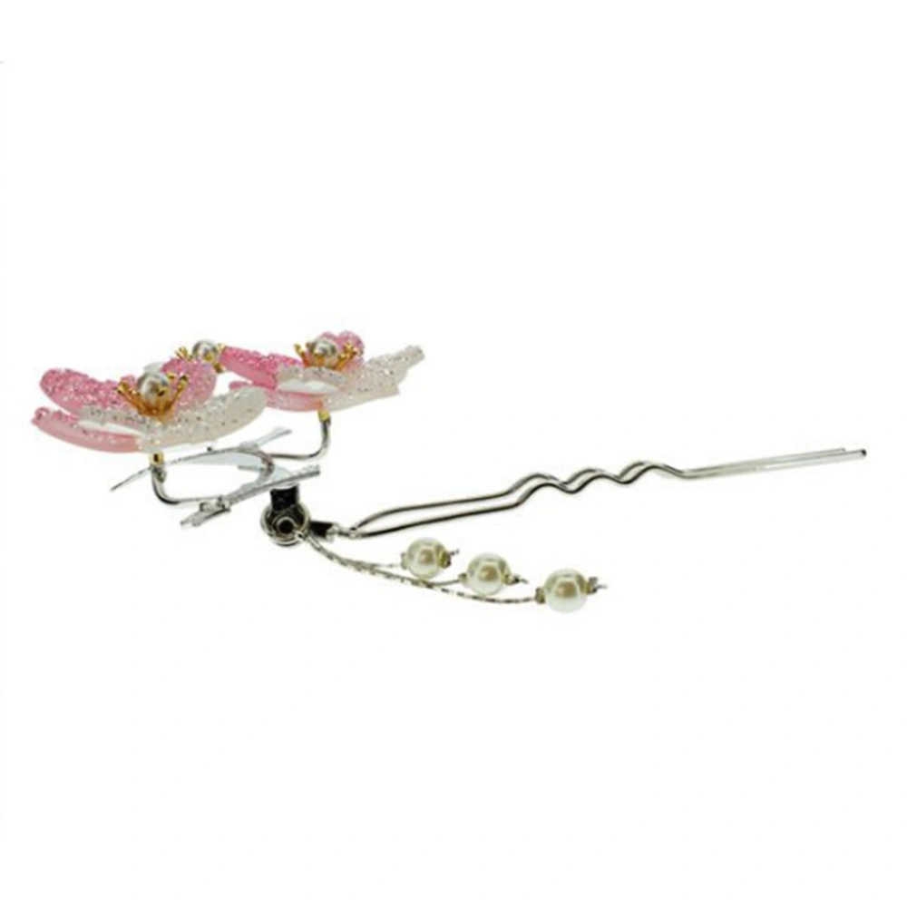 1pc Bead Floral Hair Clips U-shaped Hairpin Retro Hair Stick Hair Chopsticks Chignon Pin for Women and Girls (Pink)