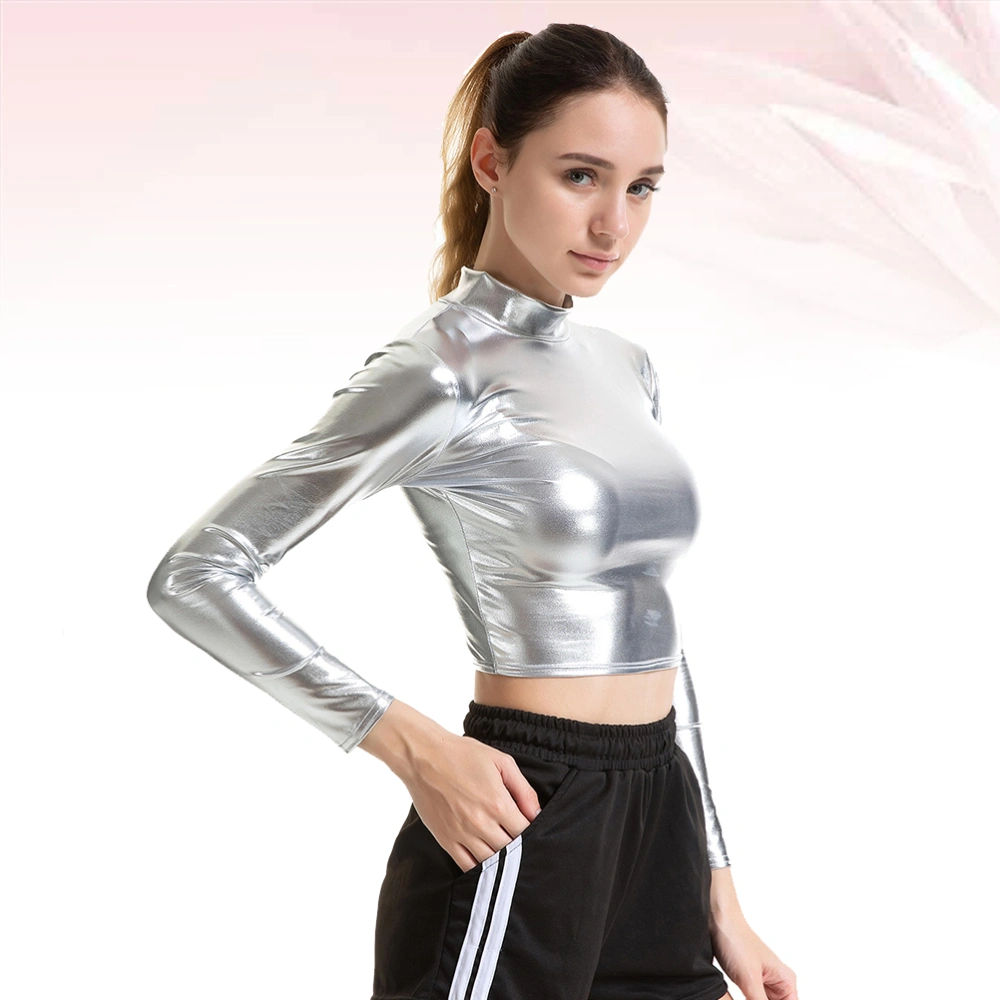 Silver Sexy Solid Color Bustier Patent Leather Performance Costume Long Sleeve Clothes for Cosplay Nightclub Stage Women - Size M