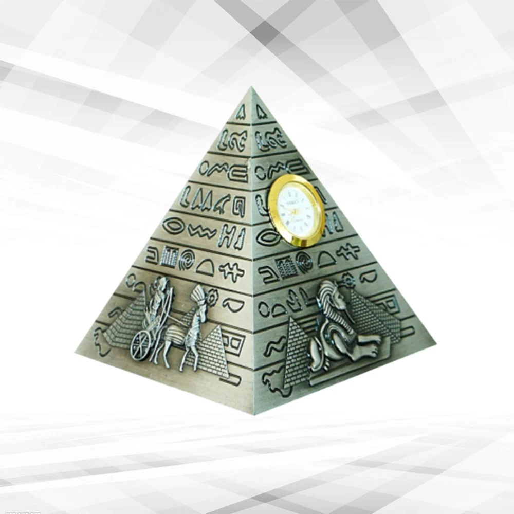 1pc Pyramid Design Ornament Egyptian Style Decor Alloy Desktop Adornment Creative Gift with Clock Grey (Random Clock Color)