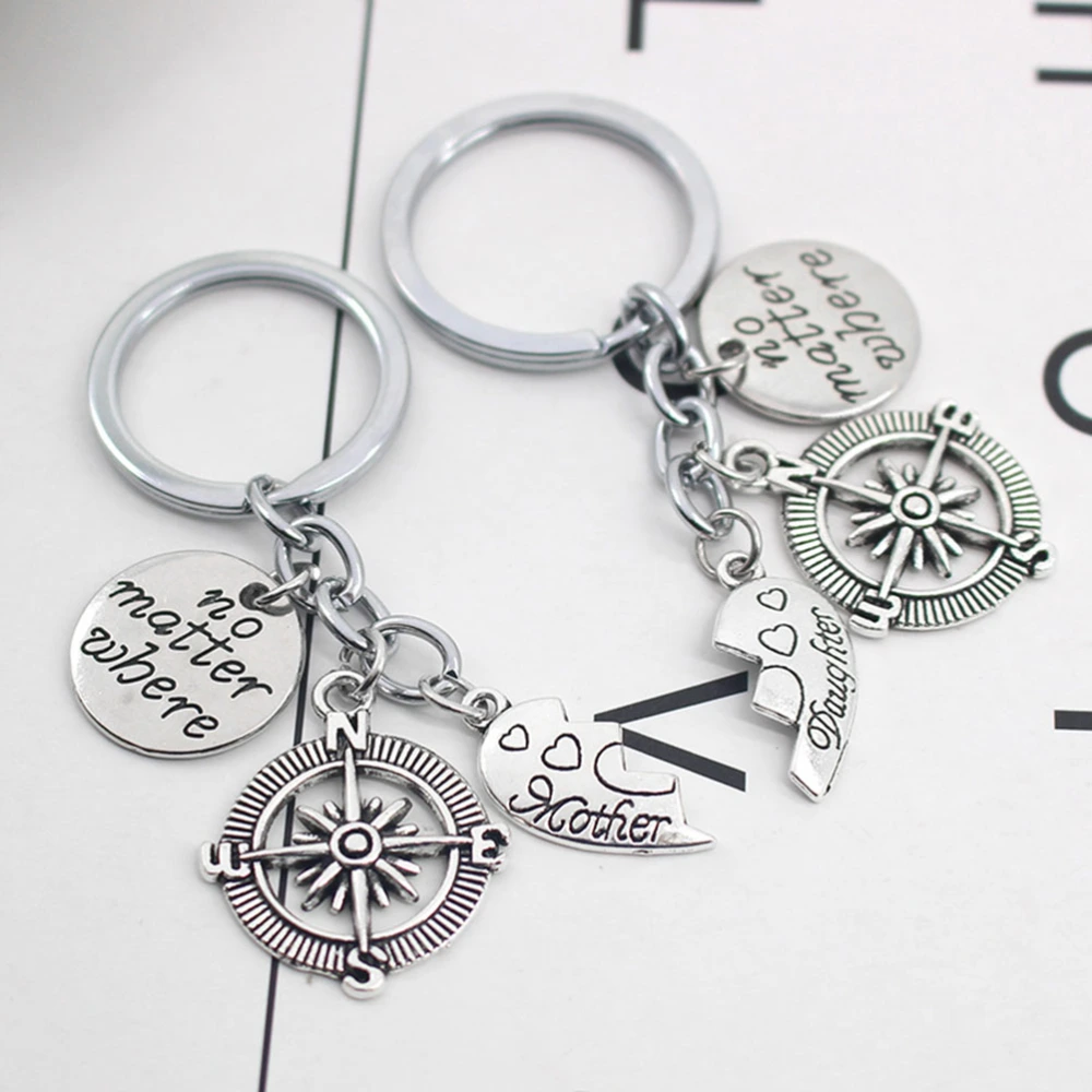 2pcs Mother Daughter Key Chain Set No Matter Where Compass Split Broken Heart Family Gift for Women Girl