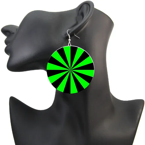 Cyber Acid Green Hypnotic Earrings XL Optical Burst Rave Festival Jewelry XL