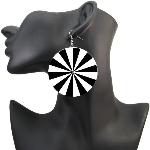 Hypnotic Burst Earrings Black White Ray Wheel Optical Pop Art Rave