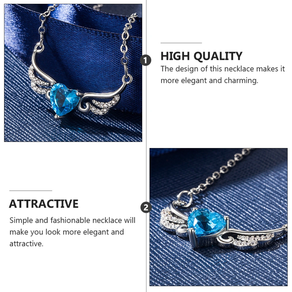 1Pc Angel Wing Blue Heart Pendant Necklace Clavicle Chain Neck Accessory (Blue)