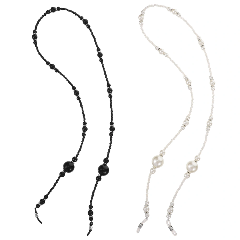 2pcs Long Pearl Glasses Hanging Ropes White Pearl Eyeglass Lanyard (Black White)