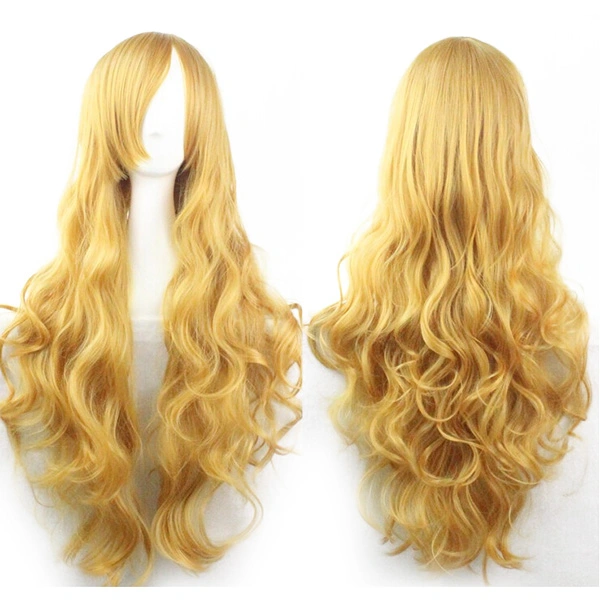 Women Girls 80CM Long Wavy Synthetic Fiber Wig with Bangs for Anime Cosplay (Golden)