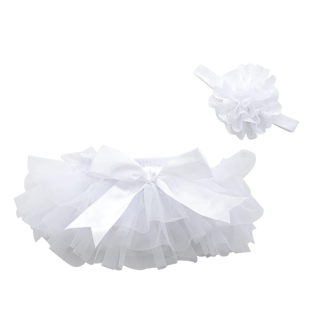 1pc Tutu Skirt and Flower Headband Baby Girls Photography Props Newborn Birthday Dress Headwear Size L(White)