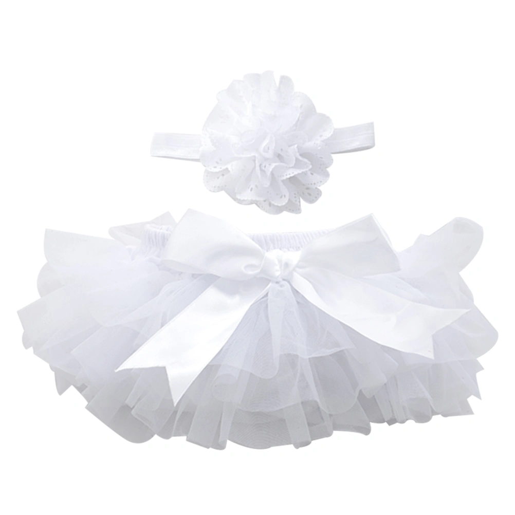 1pc Tutu Skirt and Flower Headband Baby Girls Photography Props Newborn Birthday Dress Headwear Size L(White)
