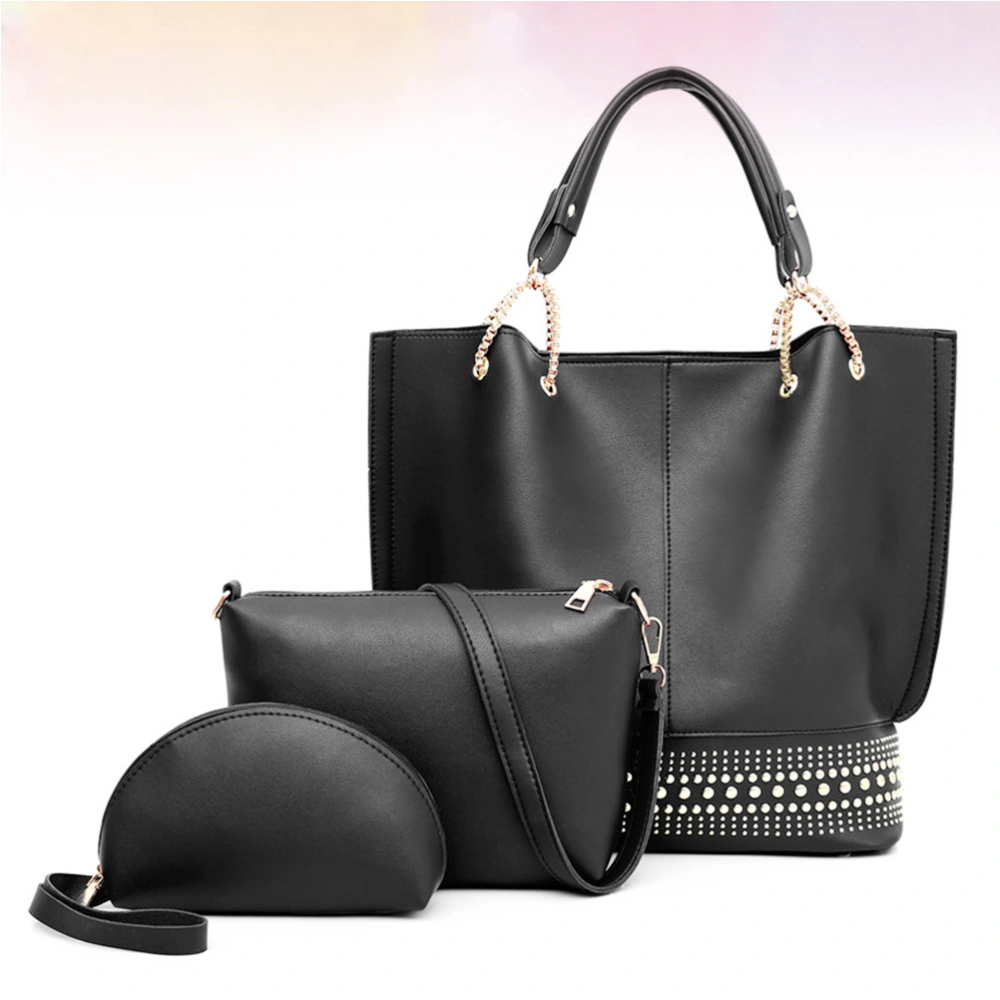 3pcs Women Fashion Bags Rivet PU Handbag Casual Bags Shoulder Bag Tote Purse for Women Ladies (Black)