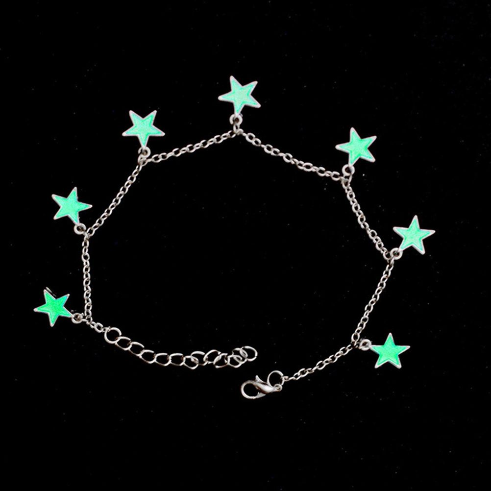 Women Girls Anklet European American Style Beach Green Night Light Pentagonal Star Tassel Ankle Chain Accessories