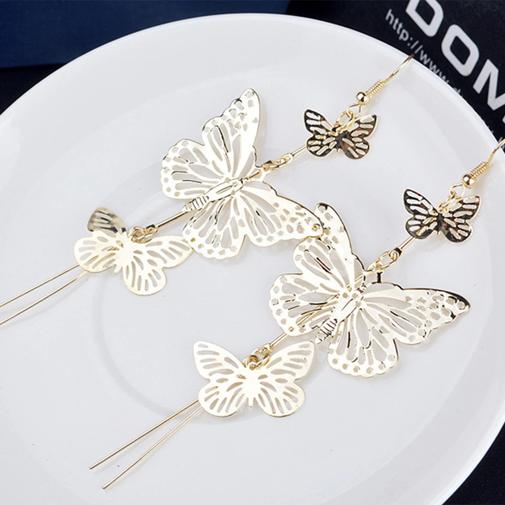 1Pair Women Stylish Elegant Decorative Long Pattern Dangle Big Bowknot Tassel Earrings (Gold)