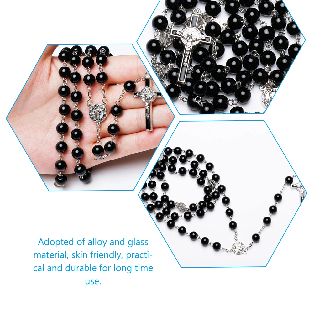 Black Glass Pearl Rosary Necklace Jesus Cross Pendant Necklace Catholic Prayer Gifts