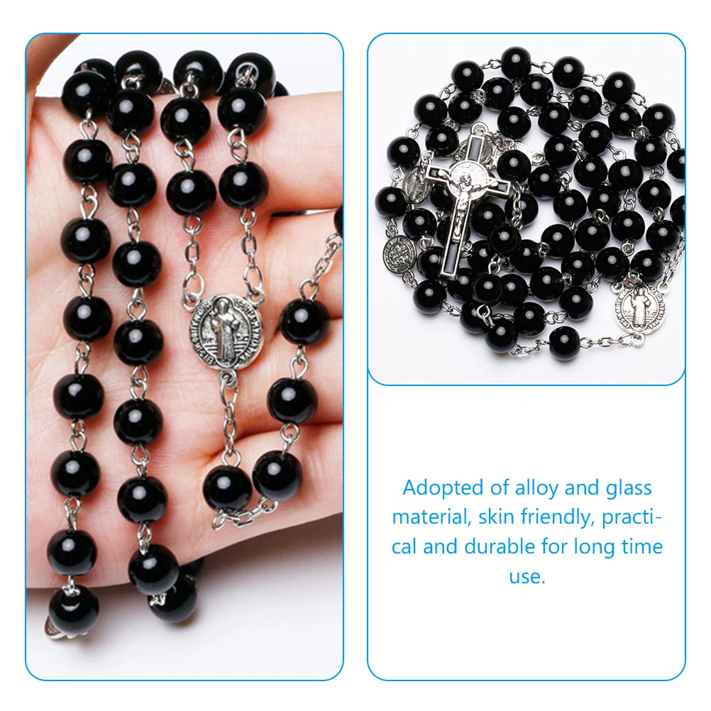 Black Glass Pearl Rosary Necklace Jesus Cross Pendant Necklace Catholic Prayer Gifts