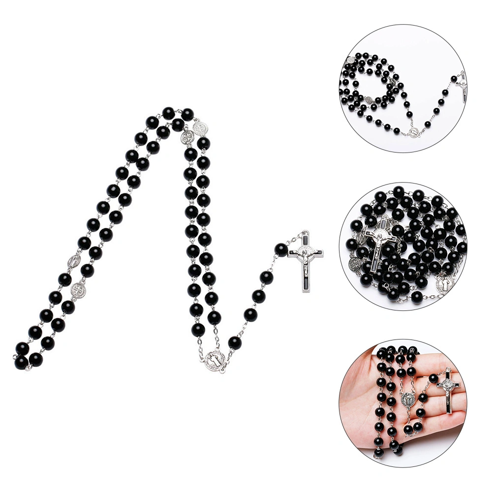 Black Glass Pearl Rosary Necklace Jesus Cross Pendant Necklace Catholic Prayer Gifts