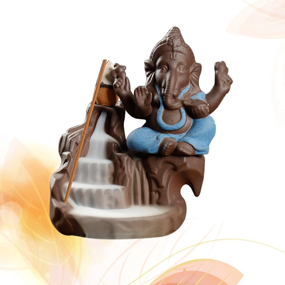 Fashion Ceramic Ganesha Buddha Backflow Incense Burner Handmade Mountain Waterfall Figurine Elephant God Statue Home Incense Holder Blue