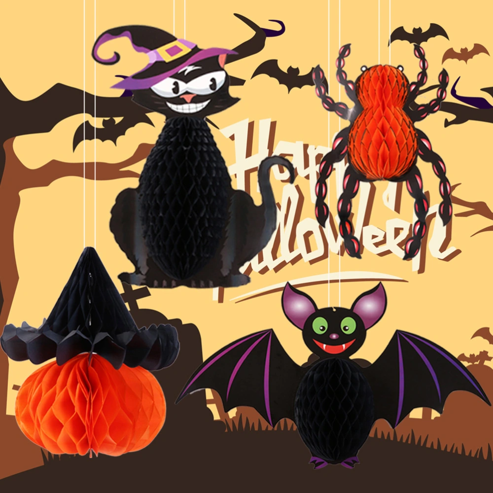 2pcs Halloween Pendants Paper Honeycomb Ball Pumpkin with Hat Hanging Ornaments for Hotel Shop