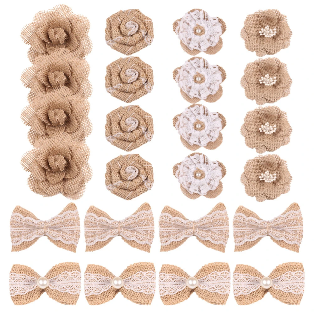 24pcs 6 Styles Natural Burlap Flowers Vintage Burlap Flowers Bowknots for DIY Craft Wedding Party Decoration (Type NO.1)