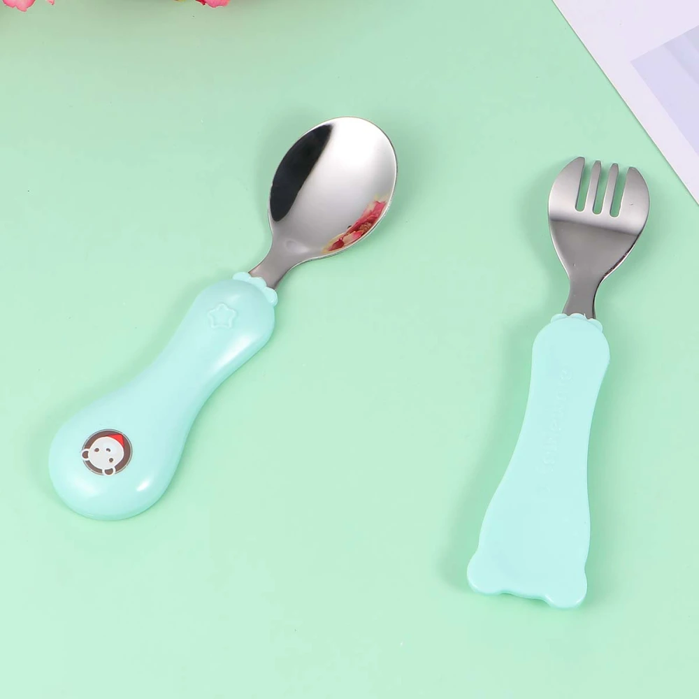 1 Suit Baby Spoon and Fork Feeding Tableware Stainless Steel Spoon and Fork With PP Handle for Infant Baby(Sky-blue)