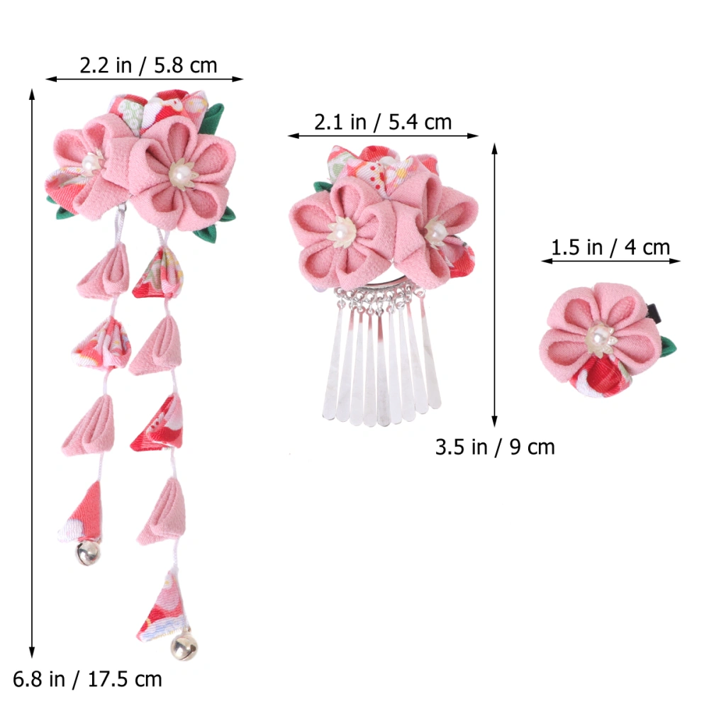 3pcs Japanese Style Headwear Cloth Flower Hair Clips Barrette Hair Side Clips Hair Accessories (Pink)