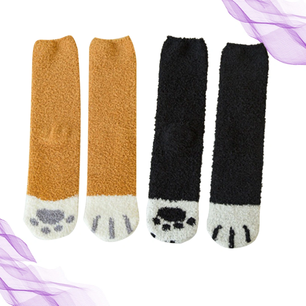 2 Pair Thicken Coral Fleece Middle Tube Cat's Claws Pattern Socks Warm Floor Socks Fluffy Sleep Bed Socks (Black, Yellow)