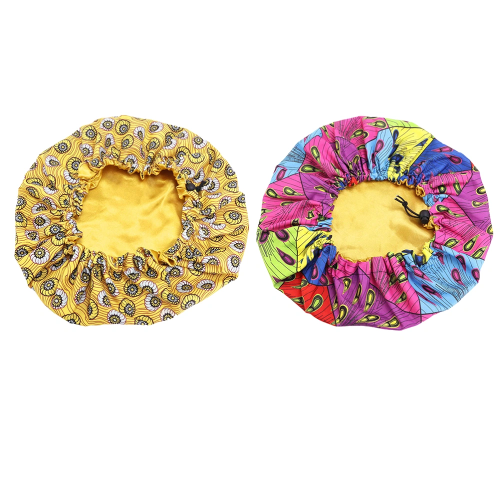 2pcs Kids Adjustable Sleeping Caps Printed Double Layer Night Hats for Toddler Children (Chrysanthemum and Square Peacock)