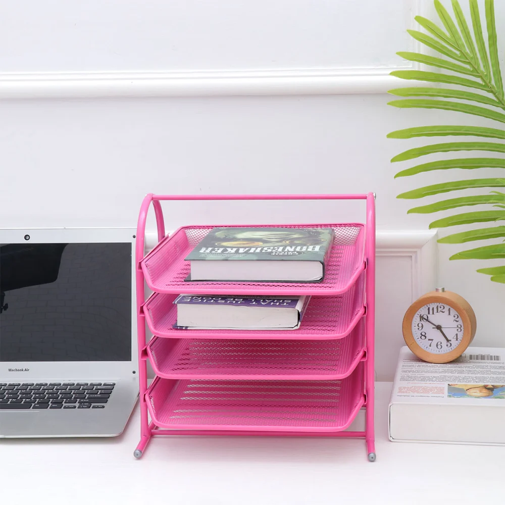 1Pc 4 Layer File Document Stand Rack Desktop Storage Rack File Holder Organizer Office Supplies for Home School(Rosy)