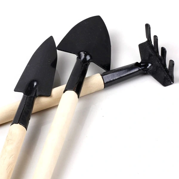 A Set of 3pcs Mini Garden Planting Gardening Tools Shovel Rake Spade with Wooden Handle (Black)