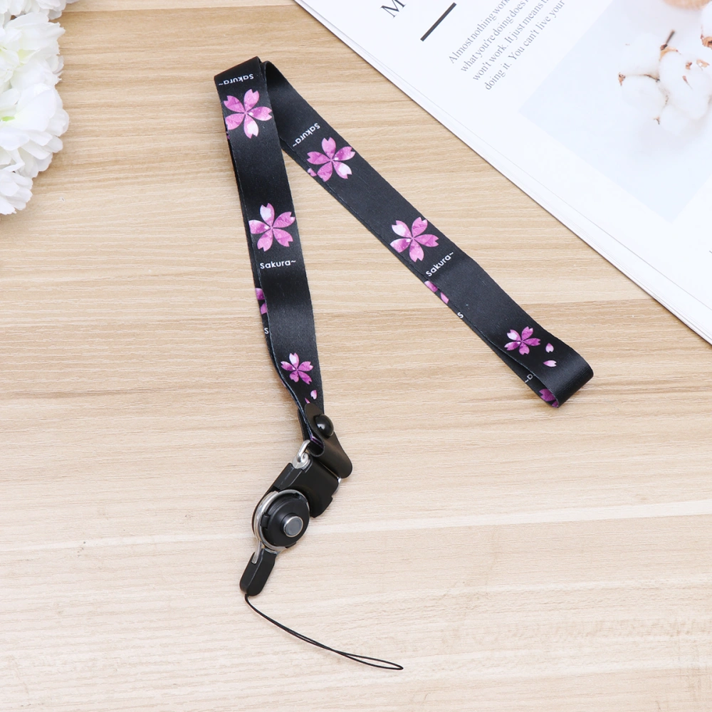 Lanyard Long Stripe Key Ring Mobile Phone Case Hanging Rope Cartoon Key Chain Bag Pendant Black Cherry Blossom