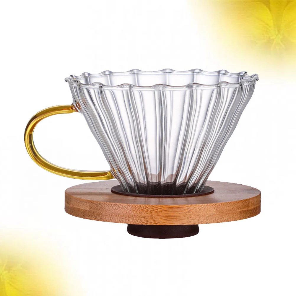 Stylish V-type Coffee Cup High Temperature Resistance Handmade Glass Filter Coffee Cup Wooden Tray for Home Office (with Handle)