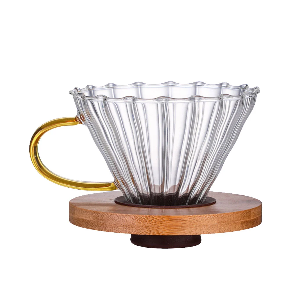 Stylish V-type Coffee Cup High Temperature Resistance Handmade Glass Filter Coffee Cup Wooden Tray for Home Office (with Handle)
